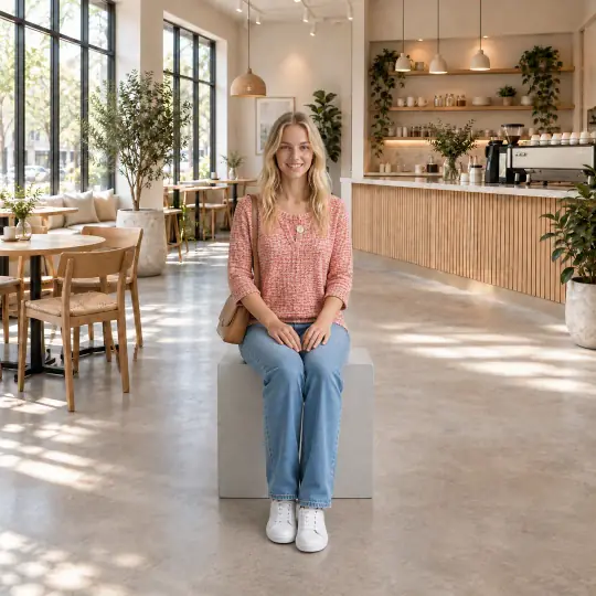 Chloe, an A Pose Studio model, wearing or holding the top or shirt in the Minimal Cafe scene