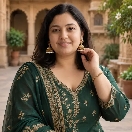 Kavya, an A Pose Studio model, wearing or holding the earrings in the Haveli Courtyard scene