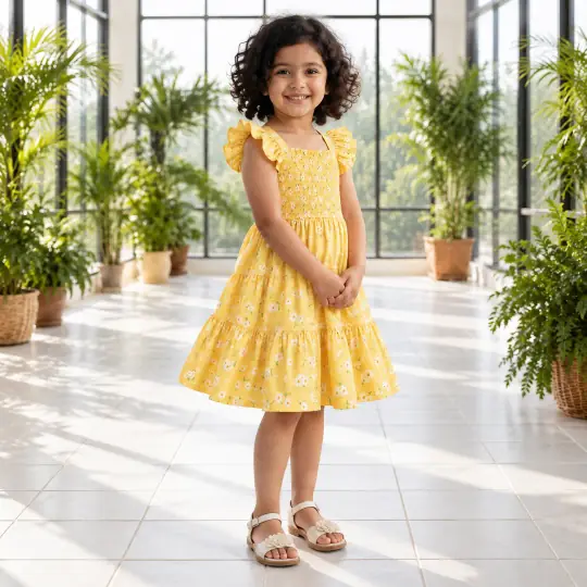 Pari, an A Pose Studio model, wearing the kids' sundress in the Indoor Garden Conservatory scene
