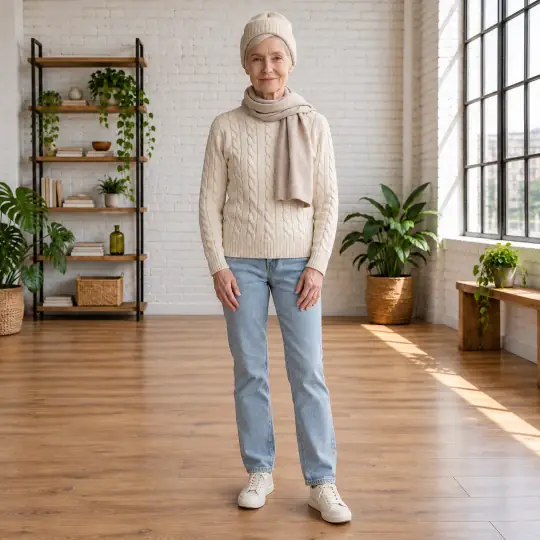 Margaret, an A Pose Studio model, wearing the cable-knit sweater in the White Brick Loft scene