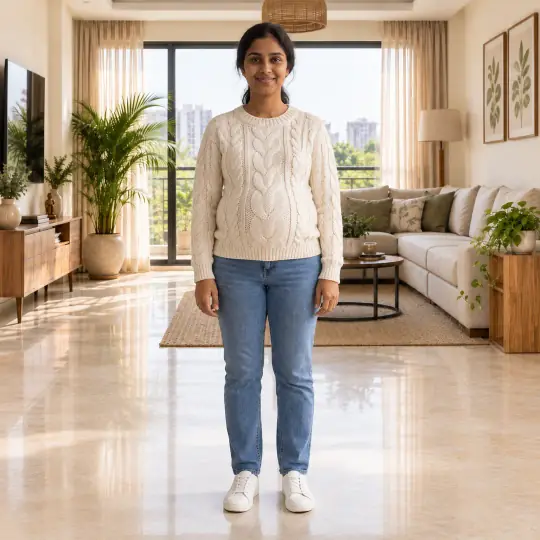 Nisha, an A Pose Studio model, wearing or holding the top or shirt in the Modern Living Room scene