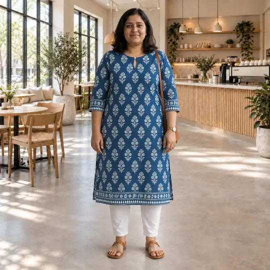 Kavya, an A Pose Studio model, wearing or holding the kurti in the Minimal Cafe scene