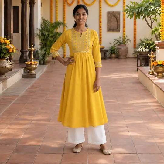 Meera, an A Pose Studio model, wearing or holding the kurti in the Marigold Festive Set scene
