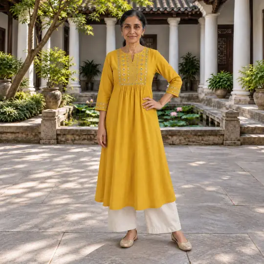 Sunita, an A Pose Studio model, wearing or holding the kurti in the Lotus Pond Courtyard scene