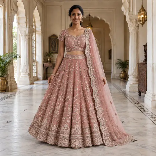 Meera, an A Pose Studio model, wearing or holding the lehenga in the Palace Hall scene