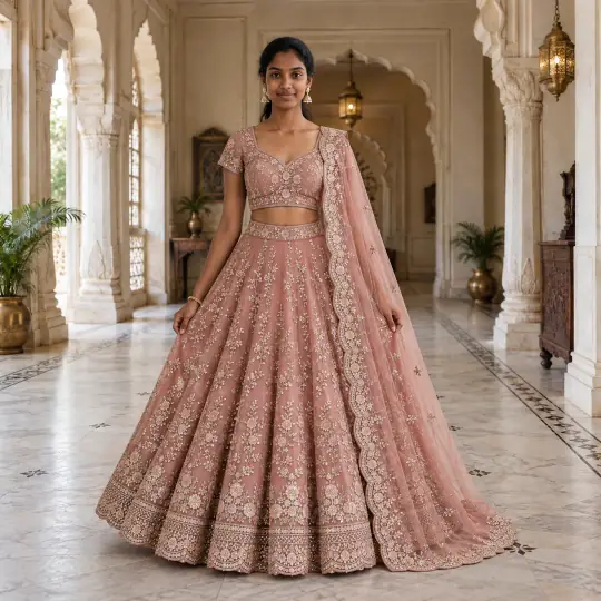 Meera, an A Pose Studio model, in the lehengas example, Palace Hall scene