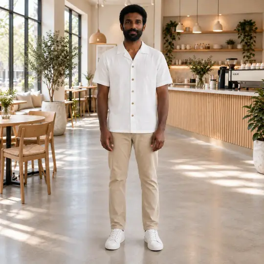 Arjun, an A Pose Studio model, wearing or holding the top or shirt in the Minimal Cafe scene