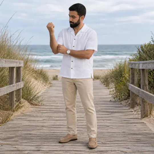 Omar, an A Pose Studio model, with men's shirts in the Beach Boardwalk scene