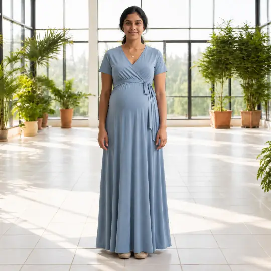 Nisha, an A Pose Studio model, wearing the maternity dress in the Indoor Garden Conservatory scene