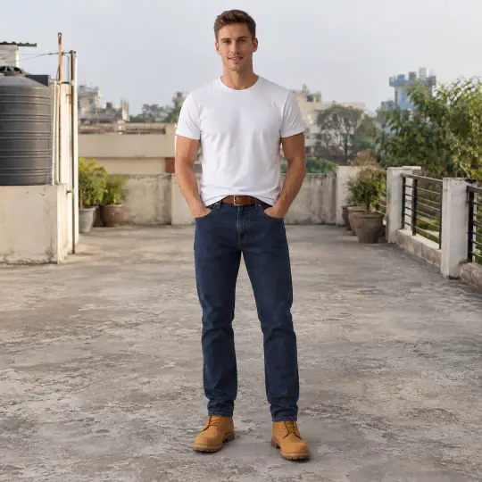 Ethan, an A Pose Studio model, with men's jeans in the Rooftop Terrace scene