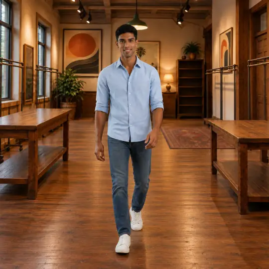 Rehan, an A Pose Studio model, wearing or holding the jeans in the Vintage Thrift Store scene