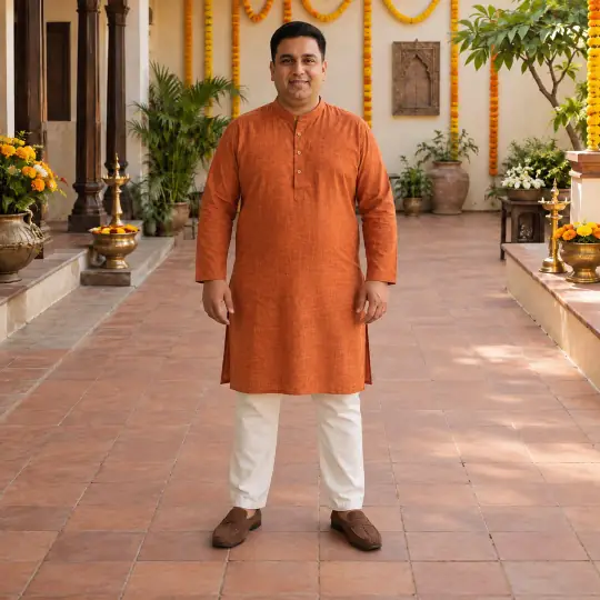 Rohit, an A Pose Studio model, wearing or holding the kurta set in the Marigold Festive Set scene
