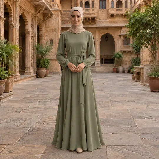 Layla, an A Pose Studio model, in the modest wear example, Haveli Courtyard scene