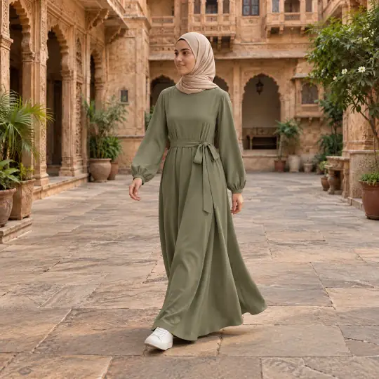 Layla, an A Pose Studio model, wearing or holding the modest outfit in the Haveli Courtyard scene