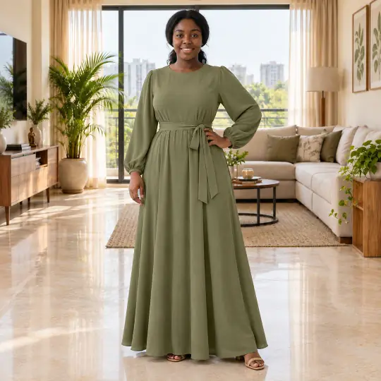 Shanice, an A Pose Studio model, wearing or holding the modest outfit in the Sunlit Loft scene