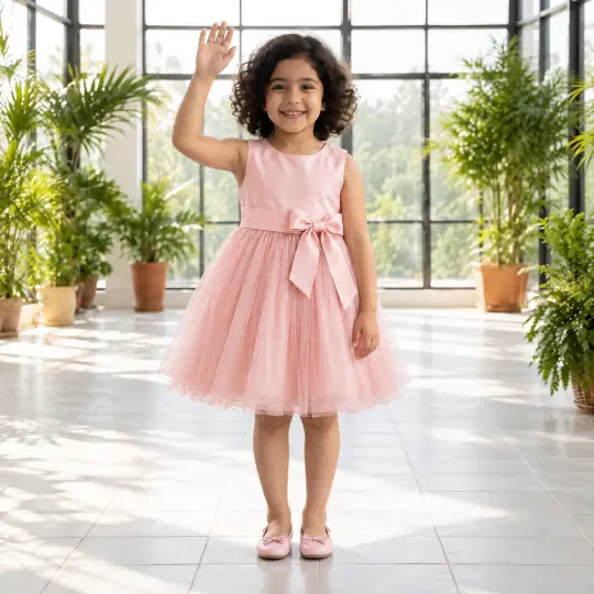 Pari, an A Pose Studio model, in the kidswear example, Indoor Garden Conservatory scene
