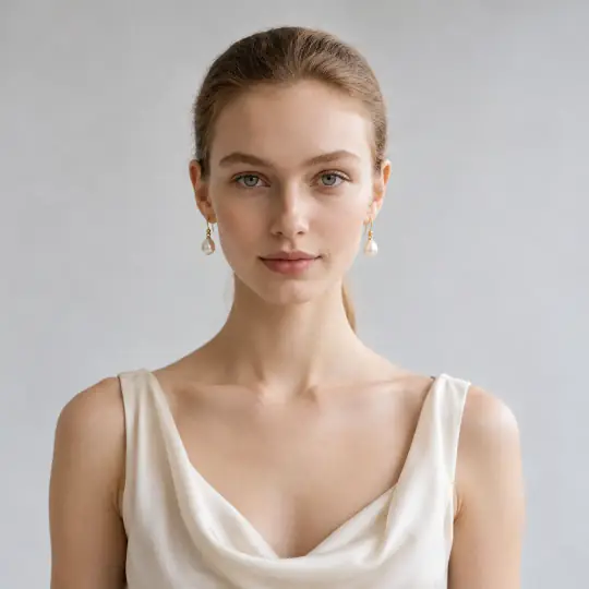 Camille, an A Pose Studio model, wearing or holding the earrings in the White Studio scene