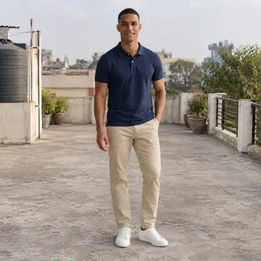 Lucas, an A Pose Studio model, wearing or holding the shirt in the Rooftop Terrace scene