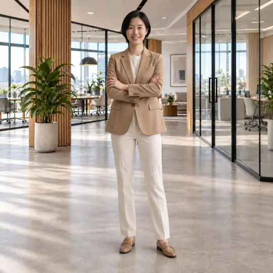 Jiwoo in a blazer in Modern Office with arms folded
