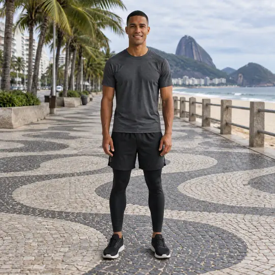 Lucas, an A Pose Studio model, wearing or holding the activewear set in the Rio Beach Promenade scene