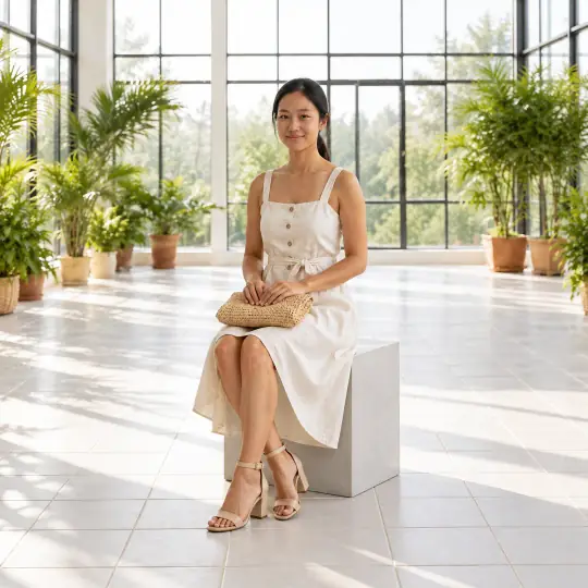 Maya, an A Pose Studio model, in the footwear example, Indoor Garden Conservatory scene