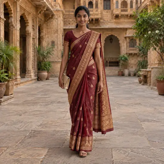 Meera, an A Pose Studio model, in the sarees example, Haveli Courtyard scene