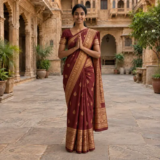 Meera, an A Pose Studio model, wearing or holding the saree in the Haveli Courtyard scene