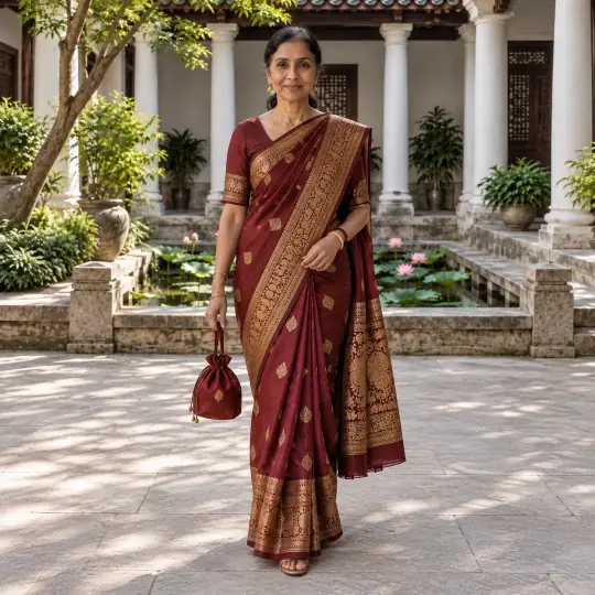Sunita, an A Pose Studio model, wearing the banarasi saree in the Lotus Pond Courtyard scene