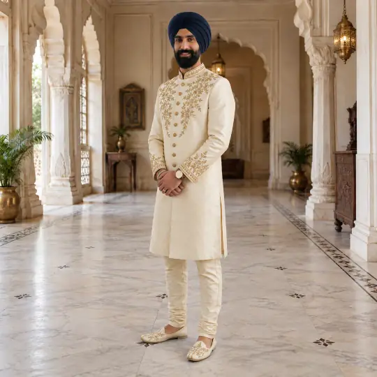 Harpreet, an A Pose Studio model, wearing the sherwani in the Palace Hall scene