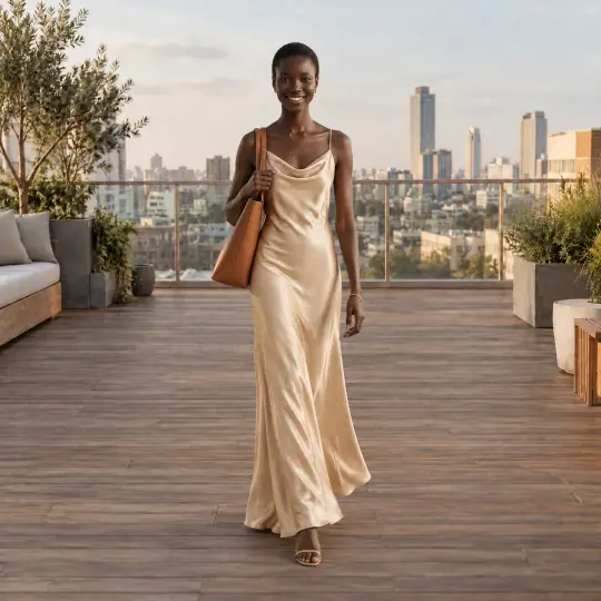 Nia, an A Pose Studio model, wearing or holding the dress in the Golden Hour Rooftop scene