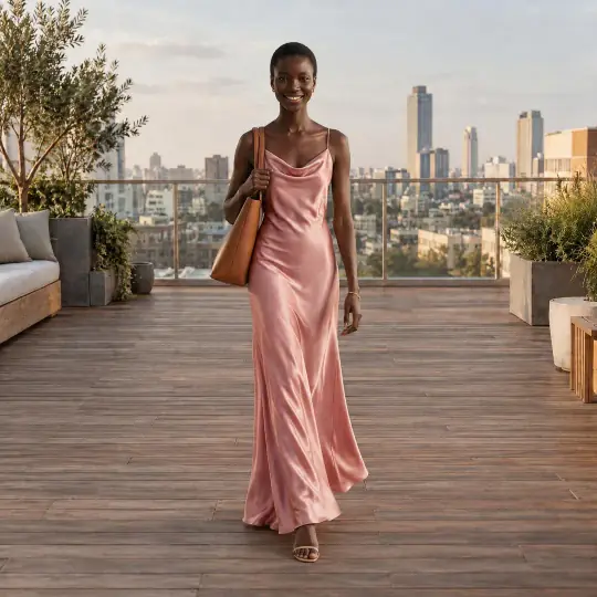 Other colours in A Pose Studio: Nia's champagne slip dress remade in blush pink, same face, pose and scene