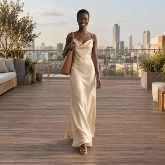 Nia, an A Pose Studio model, in the slip dress on a golden hour rooftop