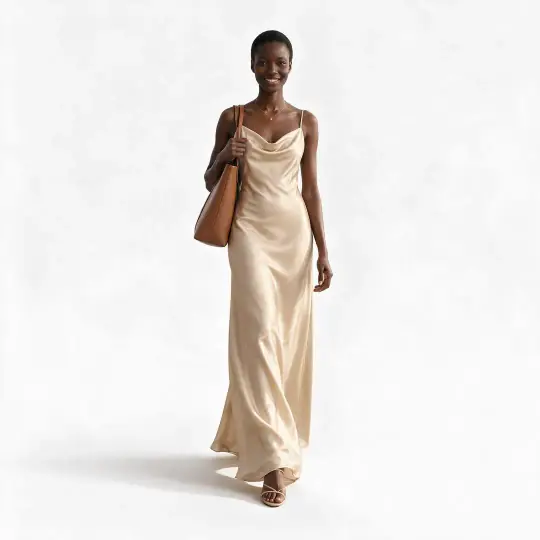 Nia, an A Pose Studio model, wearing the slip dress on a white studio background