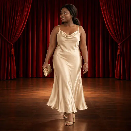 Shanice, an A Pose Studio model, wearing the slip dress in the Velvet Stage Curtain scene