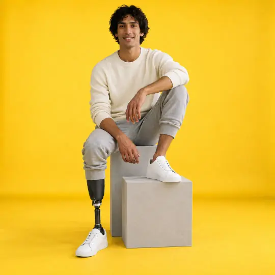 Dev, an A Pose Studio model, wearing the white sneakers in the Mustard Studio scene
