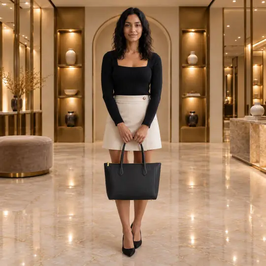 Sofia, an A Pose Studio model, wearing or holding the handbag in the Designer Boutique scene