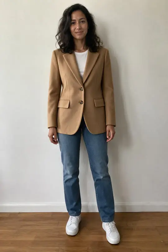 Try on me in A Pose Studio: the same woman from her own photo, now wearing the camel blazer