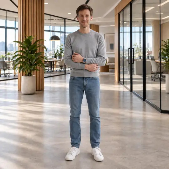 James, an A Pose Studio model, wearing or holding the watch or bracelet in the Modern Office scene