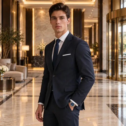 Marco, an A Pose Studio model, with men's watches in the Hotel Lobby scene