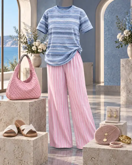 Template sample: a striped top and pink trousers on a dress form among stone plinths with a pink bag, sandals and jewellery