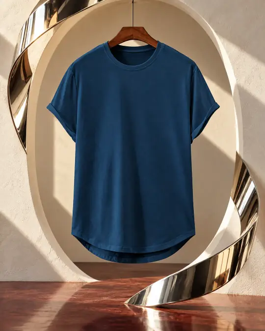 Template sample: a navy T-shirt on a wooden hanger inside a curved, gold-lit sculpture