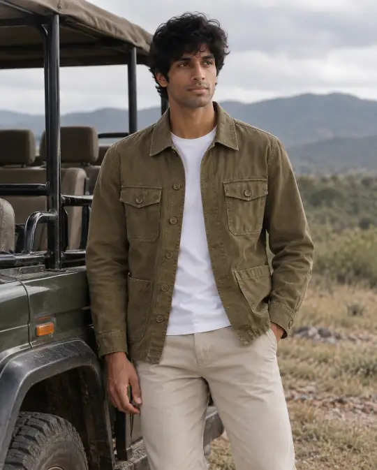 Template sample: a man in an olive overshirt and chinos leaning on a safari truck in the hills